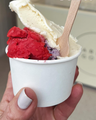 Cup of Harlow Gold gelato with red sorbet and vanilla